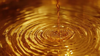 Poster - A mesmerizing shot of liquid gold pouring and splashing into elegant, concentric waves on a reflective surface.