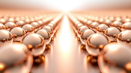 Poster - A modern abstract image of metallic bronze spheres arranged symmetrically on a reflective plane, exuding sophistication.