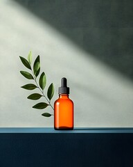 Poster - Minimalist and still life featuring an amber colored glass dropper bottle the bottle s surface beautifully reflecting the soft warm light of the cozy home studio setting