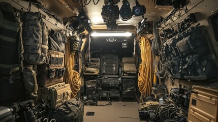 Poster - A professional interior view of a tactical vehicle, with neatly arranged backpacks, ropes, and cameras, highlighting preparedness and military readiness