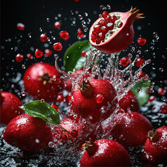 Aufkleber - Fresh pomegranates splashing in water, showcasing vibrant red colors and juicy seeds