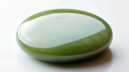 Poster - A macro shot of an intense green jadeite gemstone with a flawless finish, placed on a smooth white surface.