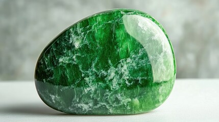 Poster - A macro shot of an intense green jadeite gemstone with a flawless finish, placed on a smooth white surface.