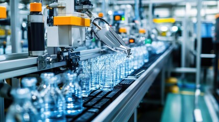 Poster - A robotic assembly line where machines efficiently fill and seal bottles in a clean factory.