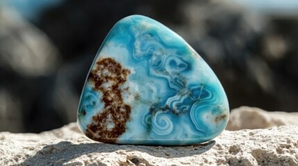 Poster - A radiant, deep blue larimar gemstone with swirling patterns, resting on a smooth sandy surface.