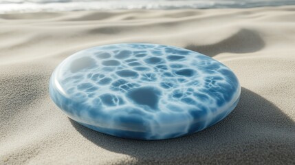 Poster - A radiant, deep blue larimar gemstone with swirling patterns, resting on a smooth sandy surface.