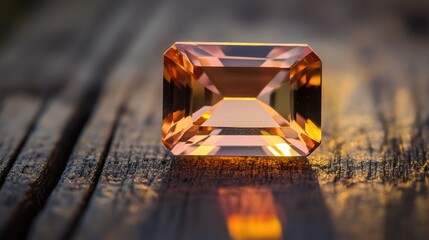Poster - A radiant pinkish-orange imperial topaz gemstone resting on a polished wooden surface, reflecting light beautifully.