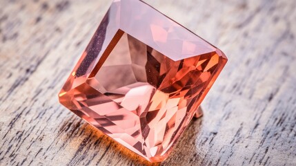 Poster - A radiant pinkish-orange imperial topaz gemstone resting on a polished wooden surface, reflecting light beautifully.