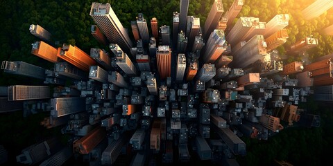 Poster - panoramic aerial perspective of a densely populated city center enveloped in a sea of solar panels g