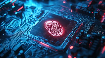 Poster - A sci-fi-inspired fingerprint scan interface, pulsing with neon energy over a futuristic motherboard.