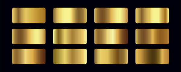 Luxury gold gradients collection vector. Golden gradients set of metallic festive gold vector colors. For banners, tags, fonts, New Year Eve party flyers, invitation card design.