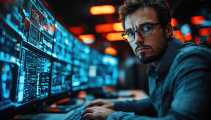 Poster - Focused man working on multiple computer screens in cybersecurity environment, analyzing data and monitoring systems