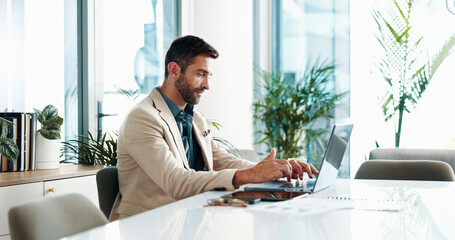 Aufkleber - Accountant, laptop and businessman in office for finance analysis, budget review and company investment. Corporate, professional and person on computer for online research, audit report and planning
