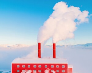 Poster - Next-Gen Clean Energy Solution Minimalist Geothermal Power Plant Visualizing Sustainable Industrial Innovation Against Ethereal Mountainous Landscape