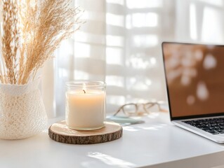 Poster - Serene Minimalist Home Office Soft Natural Light, Hygge-Inspired Workspace with Scented Candle and Dried Pampas - Wellness-Focused Productivity Aesthetic