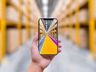 Fototapete - Augmented Logistics Visualization Next-Gen Supply Chain Management with Immersive Smartphone GPS Tracking in Smart Warehouse Ecosystem