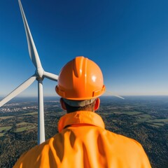 Poster - Renewable Energy Revolution Visionary Worker Overlooking Advanced Wind Turbine Landscape - Sustainable Climate Innovation and Green Tech Future