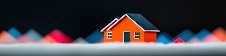 Poster - Minimalist Real Estate Investment Visualization Vibrant Orange House Model on Dynamic Financial Landscape - Strategic Risk Assessment for Modern Property Portfolio Management