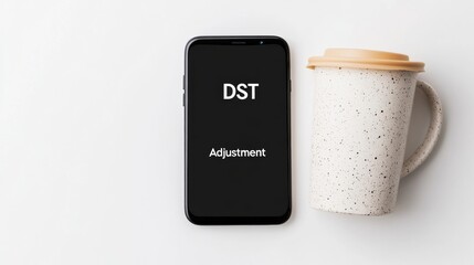 Leinwandbilder - Minimalist Tech Productivity Digital Daylight Savings Time Adjustment with Ceramic Mug - Modern Workspace Efficiency and Smart Time Management Solution