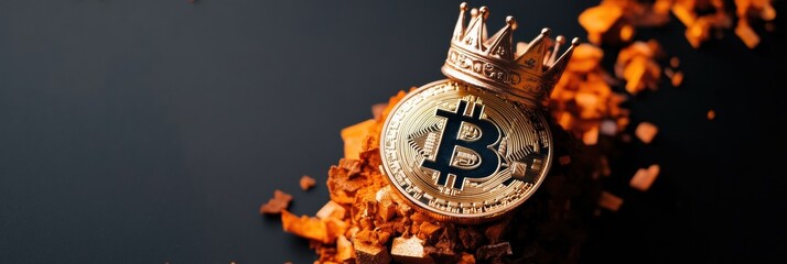 Aufkleber - Crypto Sovereignty Golden Bitcoin Crowned on Digital Throne - Blockchain Leadership Visualization for Web3 Investment Strategy and Emerging Financial Technologies