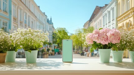 Poster - Urban Botanical Digital Zen Minimalist Smartphone Surrounded by Pastel Mint Planters and Soft Hydrangeas - Contemporary Lifestyle Tech Aesthetic in Serene City Landscape