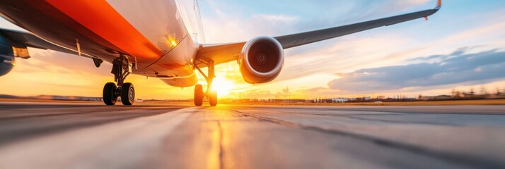Poster - Cinematic Aerospace Technology Sustainable Aviation Logistics Breakthrough with Golden Hour Runway Perspective - Next-Gen Travel Infrastructure Visual