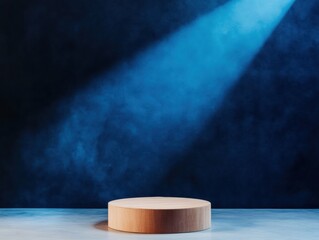Aufkleber - Minimalist Wooden Podium Immersive Cinematic Product Display with Ethereal Blue Lighting - Next-Gen Marketing Visual for Premium Brand Storytelling
