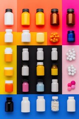 Aufkleber - Vibrant Pharmaceutical Design Color-Coded Supplement Organization Showcasing Modern Healthcare Innovation in High-Contrast Pop Art Style Merchandising