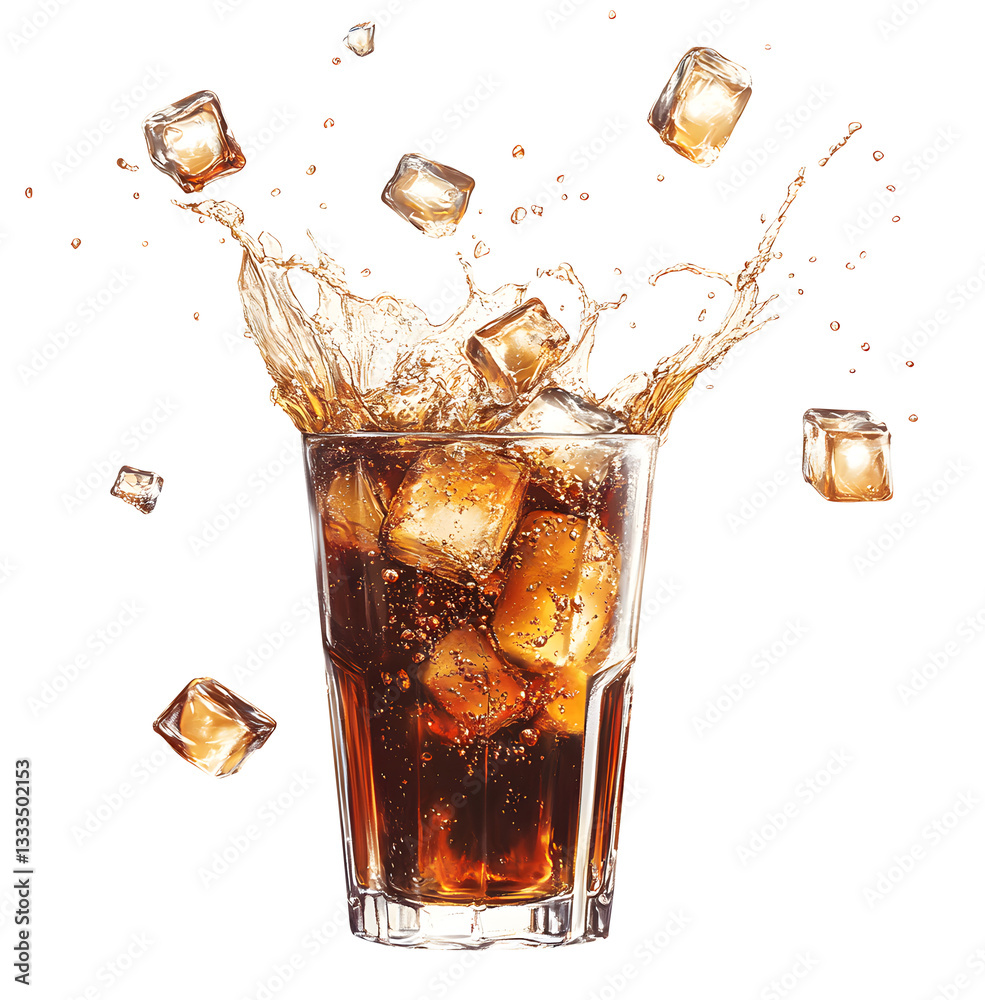 A glass of cola with ice cubes splashing isolated on transparent white ...
