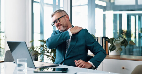 Aufkleber - Hurt, mature man and shoulder pain in business, overworked and employee with discomfort of injury. Corporate, pressure and person with inflammation, laptop and accountant with muscle strain in office
