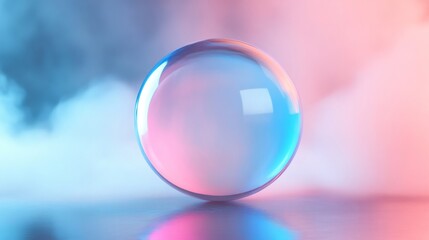 Poster - Glass sphere reflecting pink and blue neon lights on reflective surface