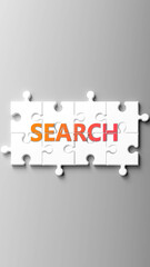 Aufkleber - Search complex like a puzzle - pictured as word search on a puzzle pieces to show that search is complex and needs cooperating pieces that fit together. ,3d illustration