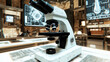 © Xplorer - Microscope on Desk in High-Tech Laboratory with Digital Screens