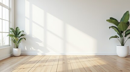 Poster - A large empty room with two potted plants on either side of a window