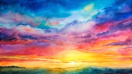 Poster - A painting of a sunset with a blue sky and a red sun
