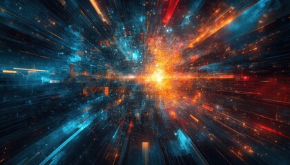 Aufkleber - abstract digital art explosion of glowing blue red and orange particles