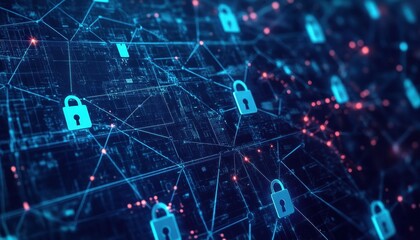 Fototapete - Abstract Digital Network with Blue and Red Lock Icons
