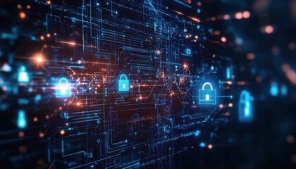 Fototapete - Abstract Digital Security Network Background with Glowing Padlocks and Data Streams