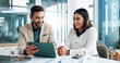 © peopleimages.com - Research, teamwork and people with tablet, business and review of ad campaign performance or media buyer. Collaboration, smile and tech for digital marketing in office, website and happy in meeting