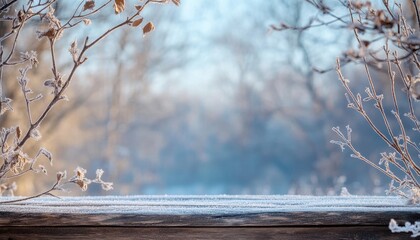 Poster - Frosty Winter Branches and Wooden Surface