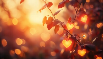 Poster - Glowing Heart Shaped Lights on Autumn Branches at Sunset