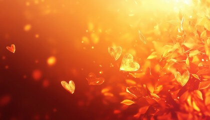 Poster - Glowing Orange And Red Autumn Leaves With Golden Hearts Background