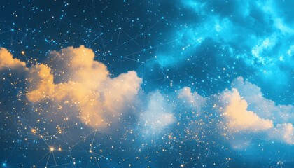 Poster - Golden and Blue Night Sky with Sparkling Clouds