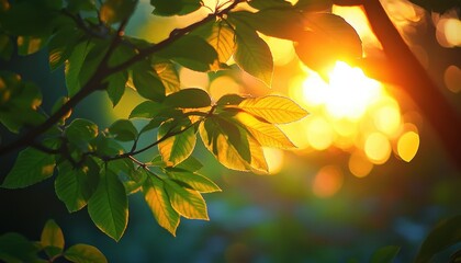 Poster - Golden Hour Sunlight Through Green Leaves