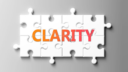 Aufkleber - Clarity complex like a puzzle - pictured as word clarity on a puzzle pieces to show that clarity is complex and needs cooperating pieces that fit together. ,3d illustration
