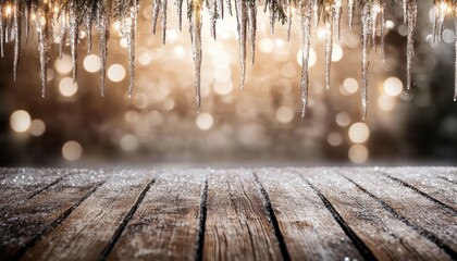 Aufkleber - Icicles Hanging Over Snowy Wooden Table with Sparkling Golden Lights