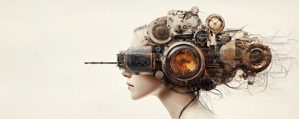 Poster - A portrait blending vintage sepia tones with futuristic cybernetic enhancements, combining organic human features with digital circuit patterns, neo-renaissance art, hybrid photography