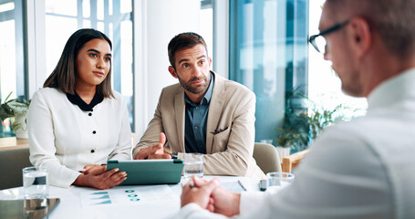 Poster - Office, documents and business people in meeting on tablet for online project, statistics and report. Corporate, finance and men and woman on digital tech for research, proposal review and feedback