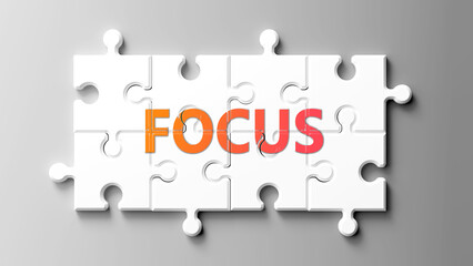 Aufkleber - Focus complex like a puzzle - pictured as word focus on a puzzle pieces to show that focus is complex and needs cooperating pieces that fit together. ,3d illustration