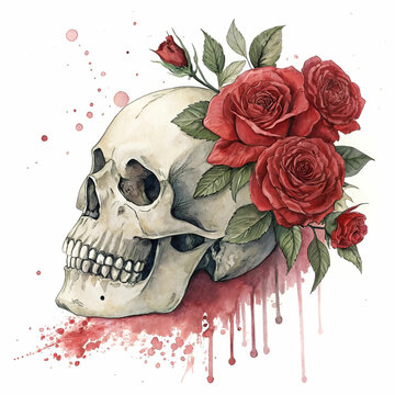 A highly detailed watercolor-style illustration of a skull